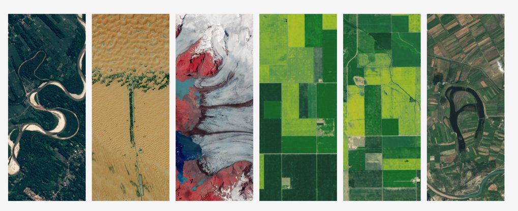 Aufnahmen der Erdoberfläche von Instrumenten auf den Landsat-Satelliten, die eine buchstabenähnliche Form haben